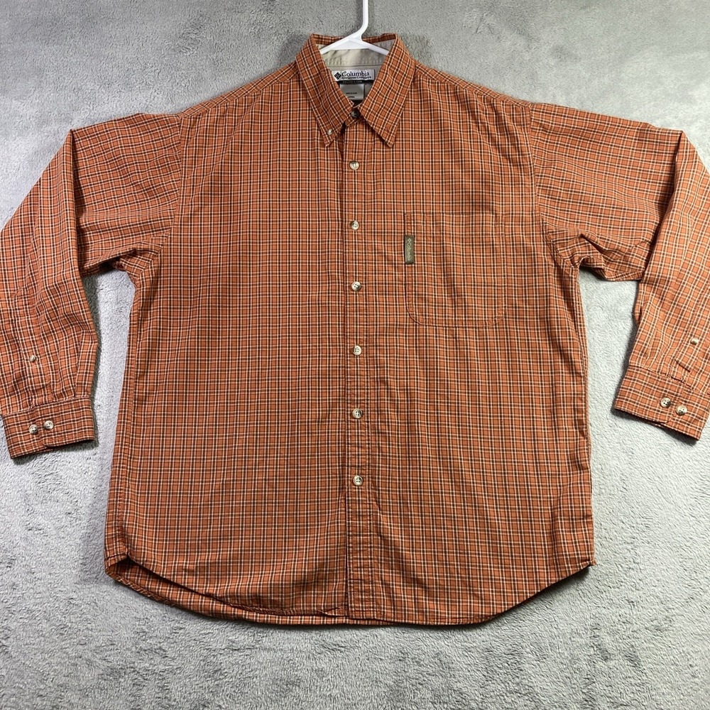 Columbia Shirt Men Large Orange Plaid Button Down Long Sleeve Pocket Preppy READ